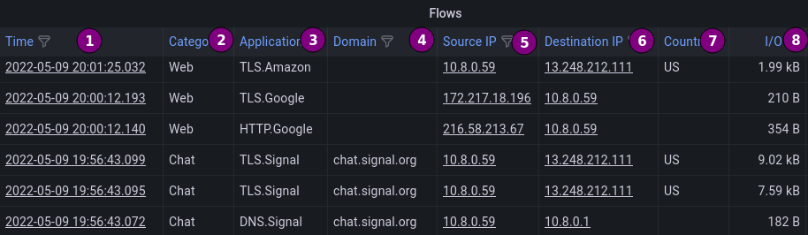 The flows panel of the PiRogue's dashboard